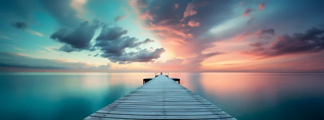  Landscape background of a empty wooden pier leading to the sea and sky with clouds. © ChairKim