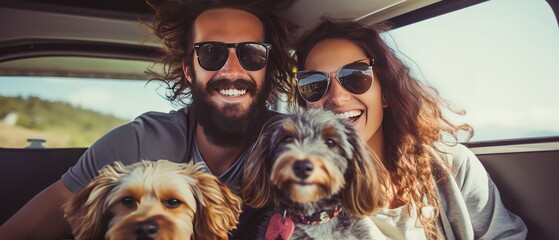 Hipster couple and their dog enjoying a camping adventure on a mini van adventure, camping in the great outdoors, creating lasting memories. - Powered by Adobe