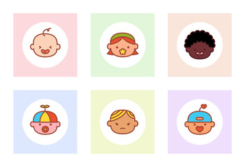 Set of baby avatars at different nations. Boy and Girl icons - baby, child. Happy cute babies set. Set of avatars of kids in circles. Vector illustration in flat style isolated on white background