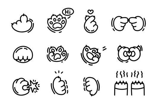 Linear cat paws stickers with different hand gestures. Set of hands icons, emoji, vector illustration, infographics, animation, websites, reports, comics, apps. Vector illustratin in doodle style