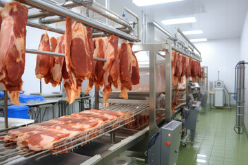 Meat processing plant. Work process for meat production. Arrival of jamon or cold cuts. Production of pork or beef in a modern enterprise.