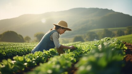 A real photo of A Farmer: Side view of female farmer bending to pick crops, gardener picking cabbage, farm field on hill, barn on hill background and beautiful green field.