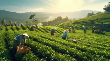 A villagers picking tea leaves, tea plantations on northern hills, natural farming background in Asia. - obrazy, fototapety, plakaty