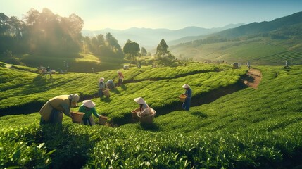 A villagers picking tea leaves, tea plantations on northern hills, natural farming background in Asia. - obrazy, fototapety, plakaty