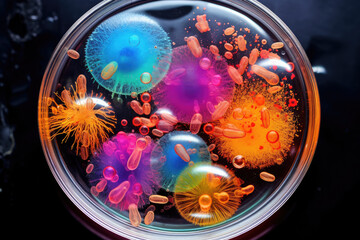 Colorful variety of microorganism inside petri dish plate background in laboratory with super macro zoom, including of bacteria, protozoa, algae, and fungi. Size and type colonies of microorganism.
