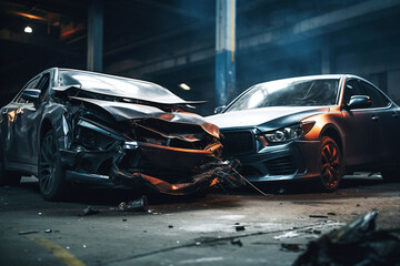 Car accident of two cars, collision of cars. Two cars are damaged after a head-on collision, a car accident. Car accident on the street, damaged cars after collision. Violation of traffic rules. - obrazy, fototapety, plakaty