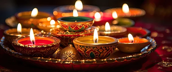 Foto op Plexiglas Glowing Diyas burning candles lamps in the mosque on Diwali festival in the dark background. © Virtual Art Studio