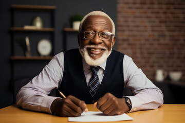 A senior man of African American appearance in a business suit is holding a sign or paper. Gray-haired old man. copyspace. pension reform. Happy old age and retirement. Accumulative pension system.