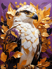A bird with gold and purple leaves
