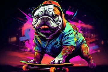 Ingelijste posters Happy skateboard dog with cap balancing on skateboard, isolated on black background. AI © Olivia