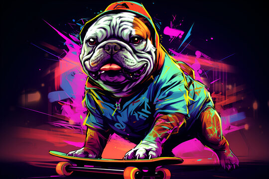 Happy skateboard dog with cap balancing on skateboard, isolated on black background. AI