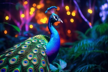 Close up of colorful beautiful peacock in jungle at night time with neon glow. Digital ai art, Generative AI 