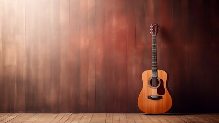 Acoustic guitar on wood copy space background
