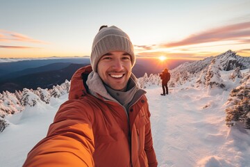 Fototapeta na wymiar Smiling young man wearing winter clothes taking selfie photo on snowy mountain at sunset