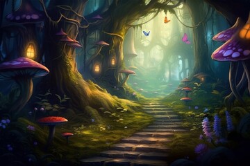 Fantasy fairy tale background. Fantasy enchanted forest with magical luminous plants, built ancient mighty trees covered with moss, with beautiful houses, butterflies and fireflies fly, Generative AI  - obrazy, fototapety, plakaty
