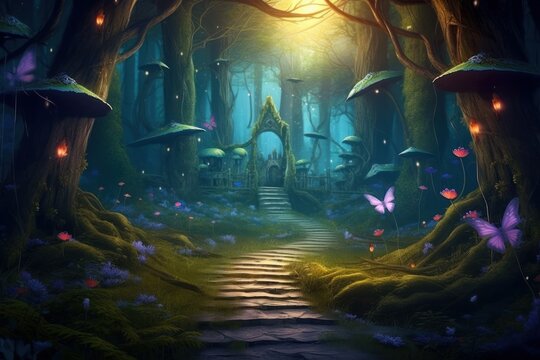 Fantasy fairy tale background. Fantasy enchanted forest with magical luminous plants, built ancient mighty trees covered with moss, with beautiful houses, butterflies and fireflies fly, Generative AI 