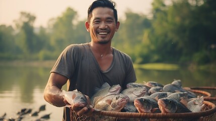 A farmer who raises fish in cages stands on a fish cage, he smiles happily with his work - obrazy, fototapety, plakaty