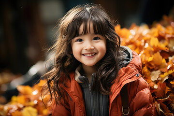 Happy child in red jacket plays outdoors in autumn leaves, embodying the spirit of fall.
