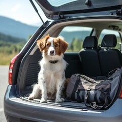 cute dog sitting in car trunk with luggage for trip