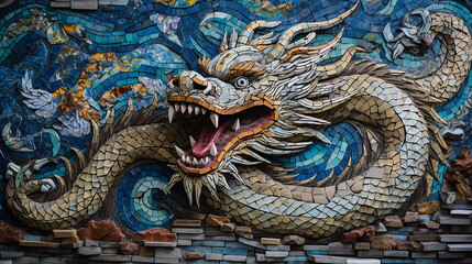 Fototapeta premium Mosaic of smalt with the image of Traditional Dragon religious symbol of the Chinese New Year, Zodiac Sign of Chinese New Year. Colorful Chinese dragon in fantasy shape. Chinese new year celebration.