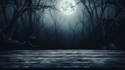 Obraz premium Spooky forest with full moon and wooden table