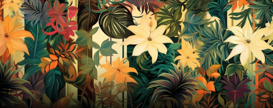 Seamless abstract exotic flowers and leaves background. Seamless repeat pattern for fabrics, wallpapers, wrappers, postcards, greeting cards, wedding invitations, banners, web. digital, Generative AI 