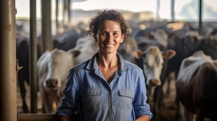 A female farmer with cows stands with her arms crossed in the cowshed, she smiles happily at her work, clean cowshed, background of cows standing in the cowshed. - obrazy, fototapety, plakaty