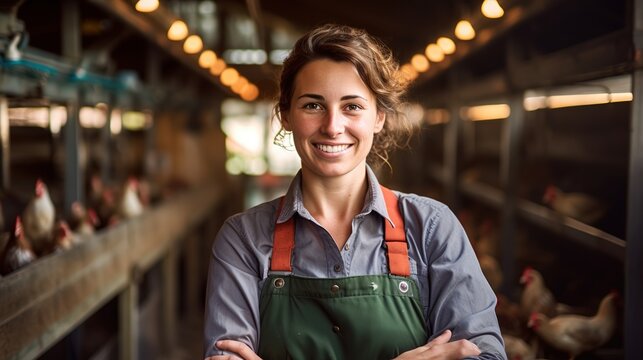 A female chicken farmer stands with his arms folded in the poultry shed, she smiles happily at her work.
