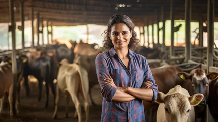 Selbstklebende Fototapete Heringsdorf, Deutschland A female farmer with cows stands with her arms crossed in the cowshed, she smiles happily at her work, clean cowshed, background of cows standing in the cowshed.