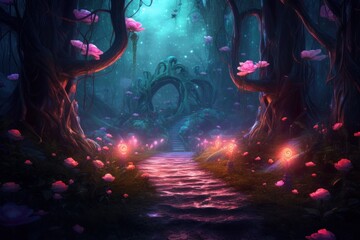 Fantasy fairy tale background with forest and blooming pink rose path. Fabulous fairytale outdoor garden and moonlight background. Digital artwork, Generative AI 
