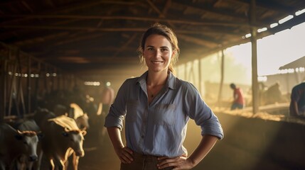 A female farmer with cows stands with her arms crossed in the cowshed, she smiles happily at her work, clean cowshed, background of cows standing in the cowshed. - obrazy, fototapety, plakaty