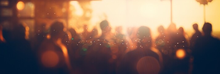 panorama abstract blur image of party festival in garden with bokeh for background usage . (vintage tone) - obrazy, fototapety, plakaty