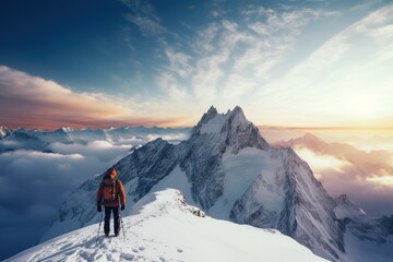Hiker on the top of the mountain . Success concept