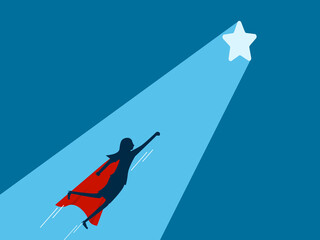 Discover success. Businesswoman hero heads towards the starry gate with light. Vector