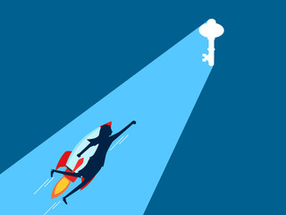 Innovation finds success. Businesswoman flying in rocket heading towards key gate with light. Vector