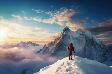 Hiker on the top of the mountain . Success concept