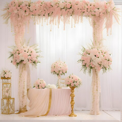 a luxurious wedding resevtion decoration with lots of flower