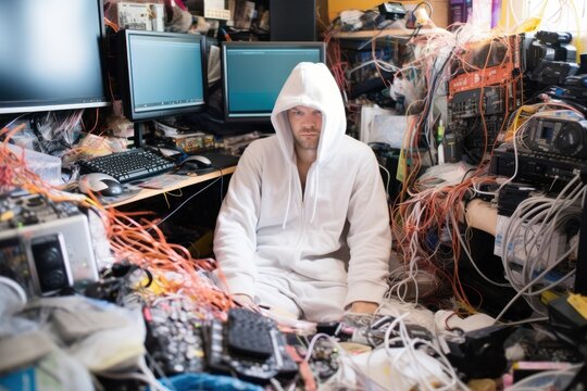 hacking concept, very exhausted person sitting in a heap of hardware, ai tools generated image