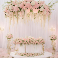 a luxurious wedding resevtion decoration with lots of flower