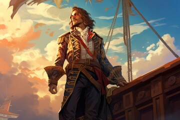 Pirate's captain on a deck of hish ship, adventures conceptual illustration, 