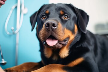Close up of a beautiful rottweiler dog at the veterinarian. Sick cute pet sitting at the examination table at the animal clinic, Generative AI  - obrazy, fototapety, plakaty