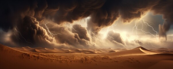 Dramatic sand storm in desert, thunderstorm, lightning. Abstract background. Digital art, Generative AI  - obrazy, fototapety, plakaty