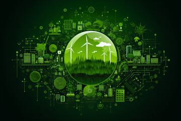 ecology concept, of renewable alternative energy digital icon with green leaf background surrounded by energy icons