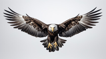 Realistic eagle flying with majesty and befitting a king of birds on a white background,8K.