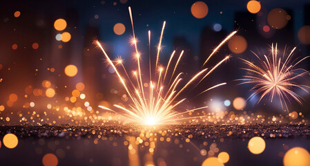 Fireworks light up the sky with dazzling display. New Year and Christmas concept. - obrazy, fototapety, plakaty