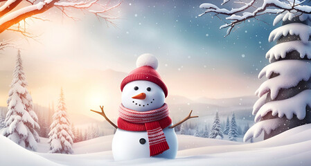 Obraz premium Snowman in red hat and scarf in winter forest.