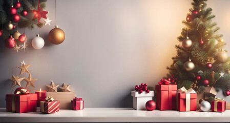 Fototapeta na wymiar Christmas interior with Christmas tree, presents and decorations.