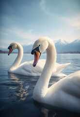 a pair of swans swimming in Lake Geneva on a sunny day