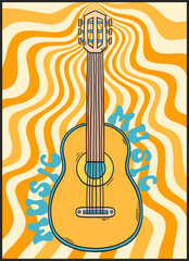 Groovy retro poster. Hippie style background. Groovy music guitar. 60s and 70s style. Psychedelic funky abstract. Groovy poster template. Nostalgia for the 70s.
