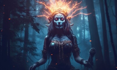 Shaman woman  witch evoking  spirits in a mysterious night forest  Post-processed generative AI, Generative AI  - obrazy, fototapety, plakaty